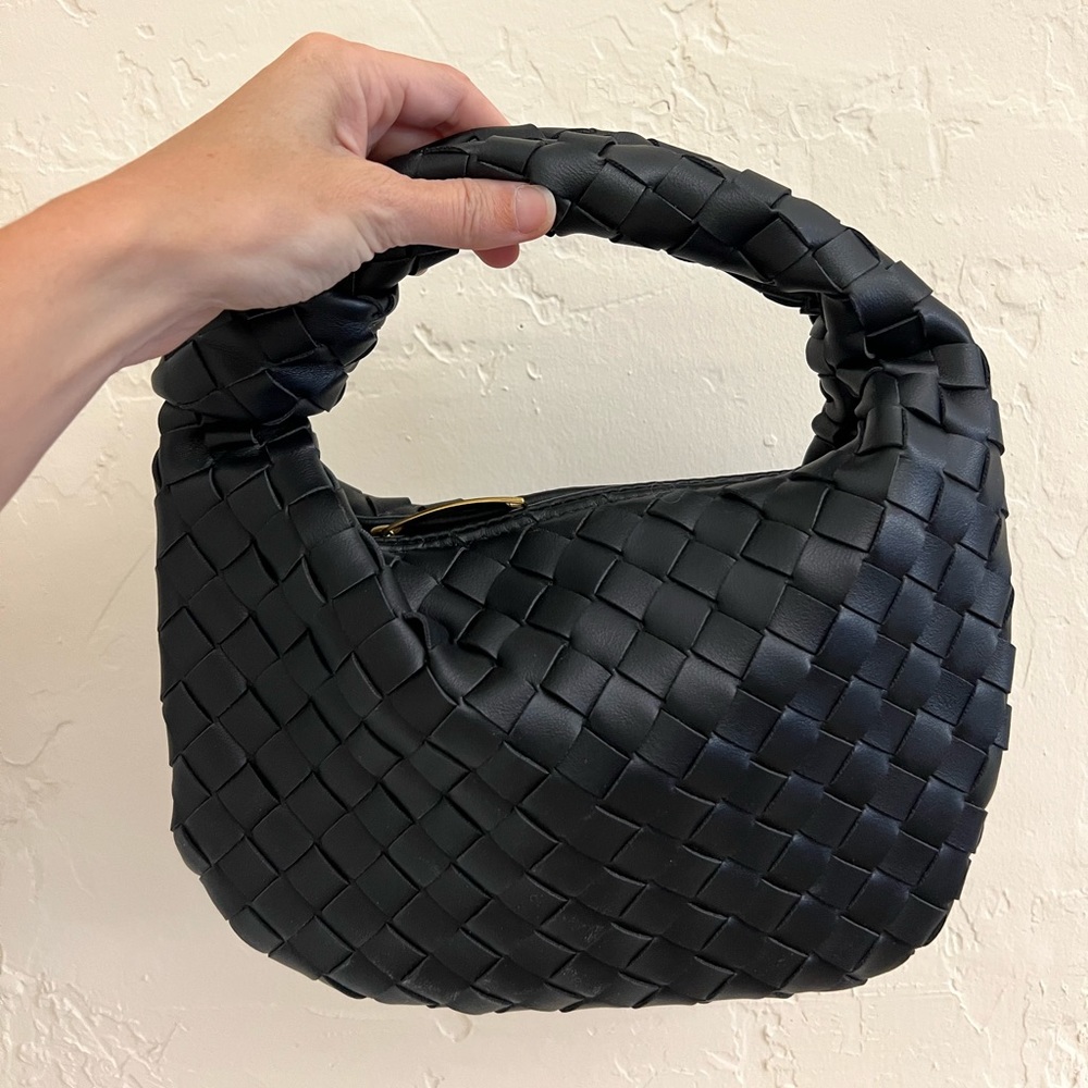 Woven leather tote - Mini Knot Hobo Bag - Black